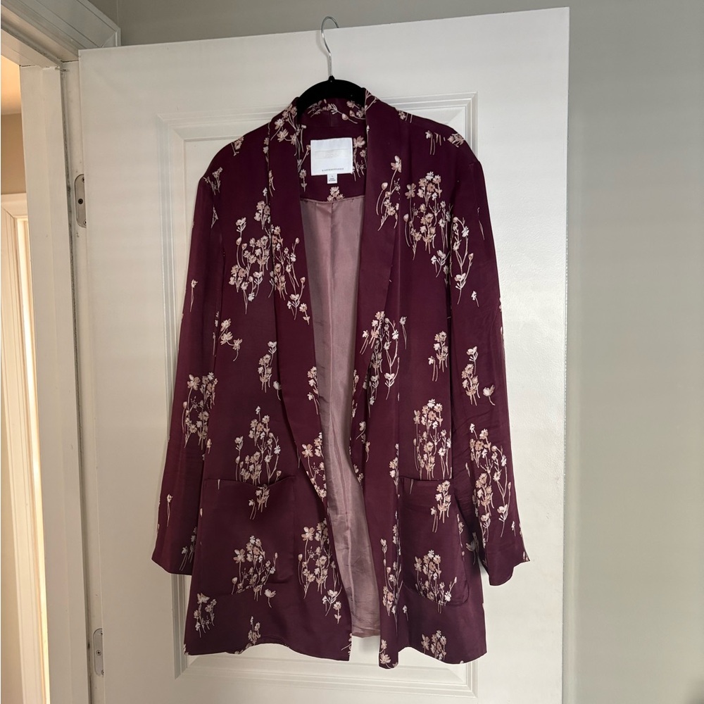 Anthropologie Silky Satin Floral Burgundy Blazer